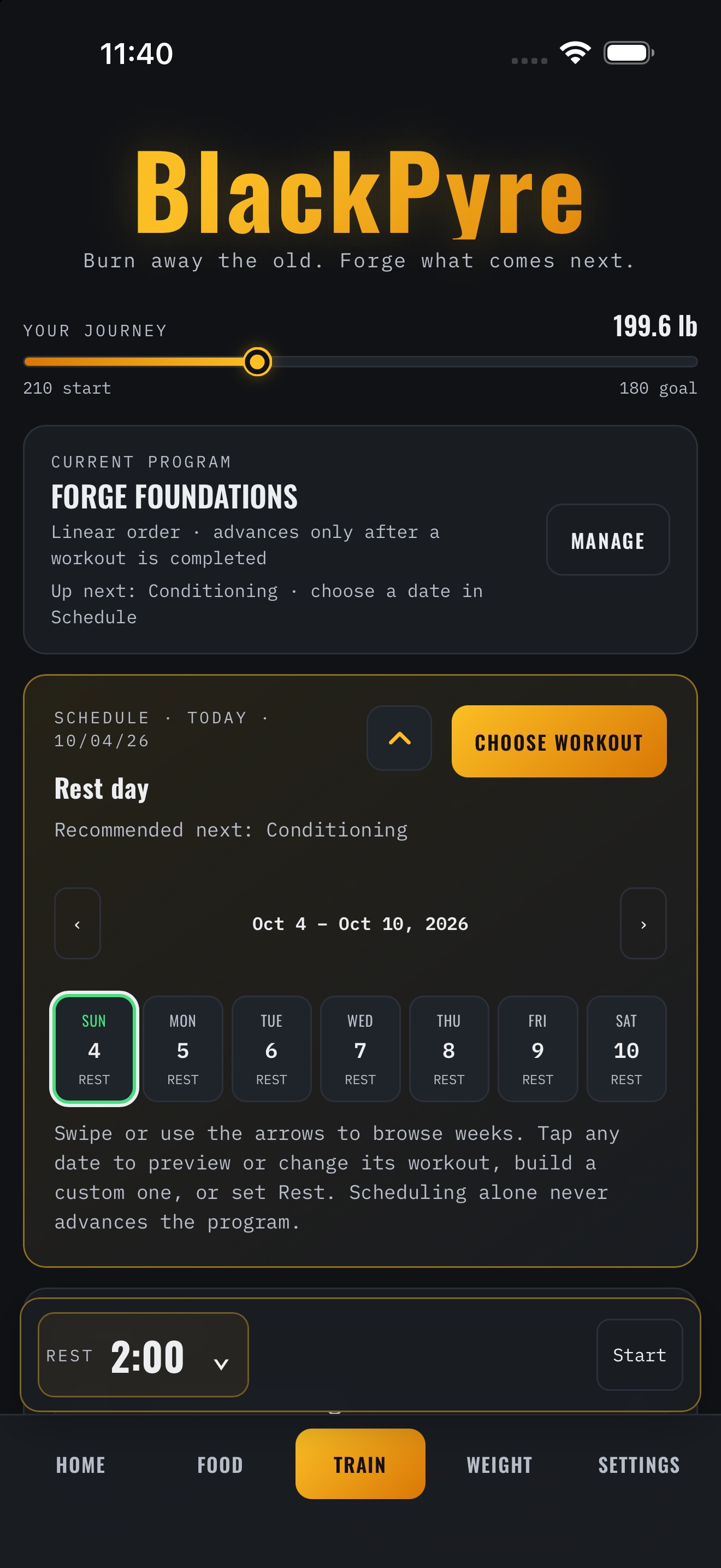 BlackPyre training schedule with workout and rest days